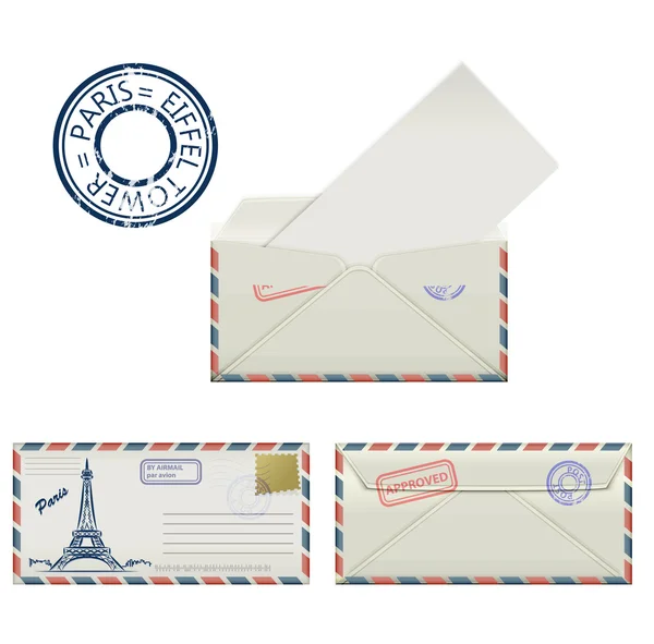 Set enveloppen van Parijs met een geschilderde de Eiffeltoren en poststempel. Stilering. — Stockvector