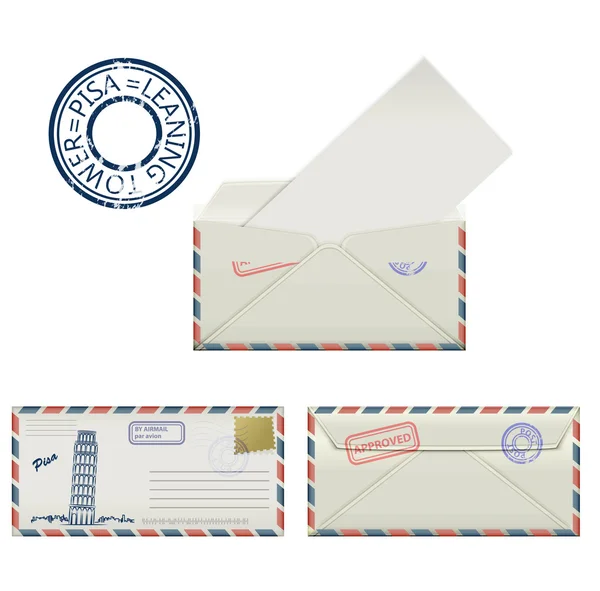 Conjunto de envelopes de Pisa com um pintado a torre inclinada e carimbo postal. Estilização . — Vetor de Stock