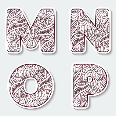 Büyük harf M, N, O. P alfabesinden kabile Hint tarzı soyut desen ile set. 
