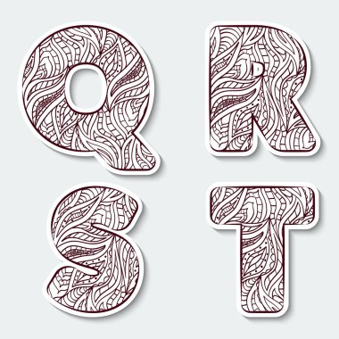 Büyük harf Q, R, S, T kabile Hint tarzı soyut desenli alfabesinden kümesi. 