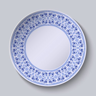 Dairesel mavi çiçek deseni ile ortasındaki boş yer. Beyaz porselen tabak stilize desen Etnik tarzı ile.