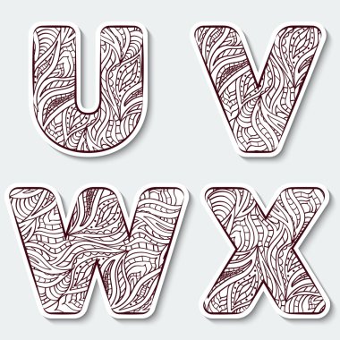 Ayarla büyük harf U, V, W, X ile alfabesinden soyut kabile Hint tarzı desen. 