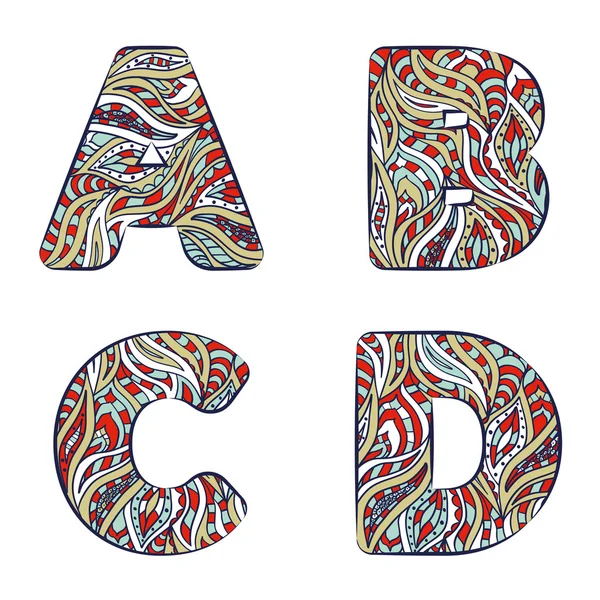 Letters A, B, C, D. Set colorful alphabet of doodles patterns. — Stock Vector