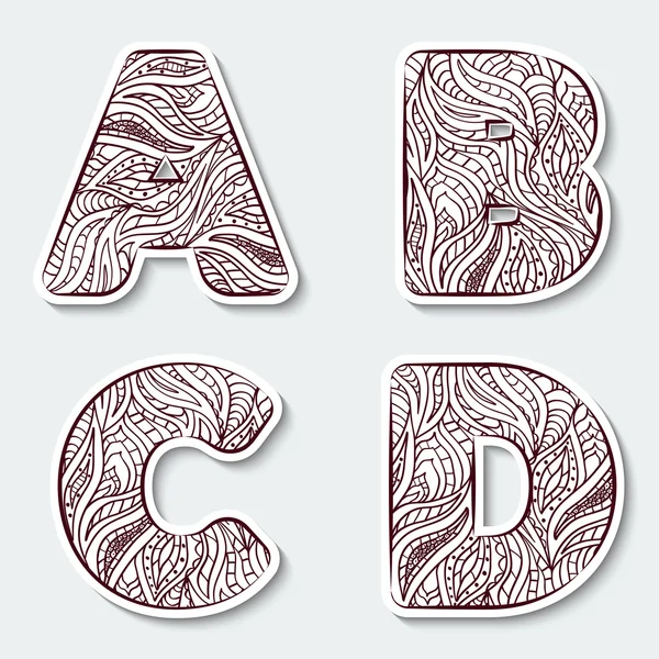 Set of capital letters  ?  ?  ? D from the alphabet with abstract pattern in tribal Indian style. — Stok Vektör