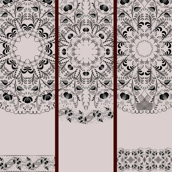 Set of banners with black-and-white ethnic floral pattern. — Stock Vector