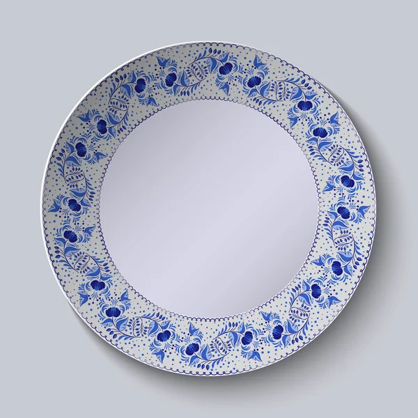 Assiette décorative avec motif floral dans l'espace bleu et blanc au centre. Gzhel stylisé . — Image vectorielle