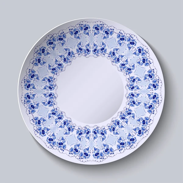 Assiette ronde avec peinture de fleurs. Gzhel stylisé . — Image vectorielle