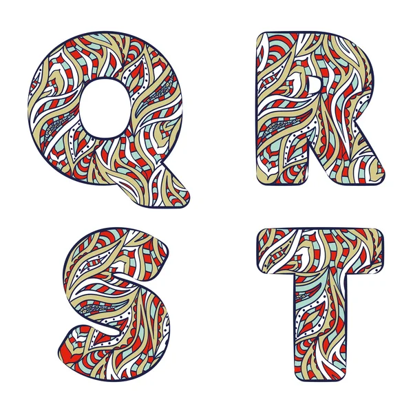 Letters Q, R, S, T. Set colorful alphabet of doodles patterns. — Stock Vector