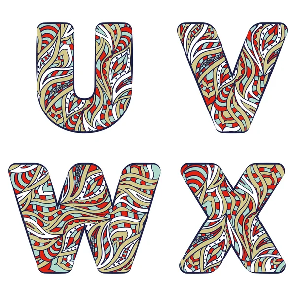 Letters U, V, W, X. Set colorful alphabet of doodles patterns. — Stock Vector