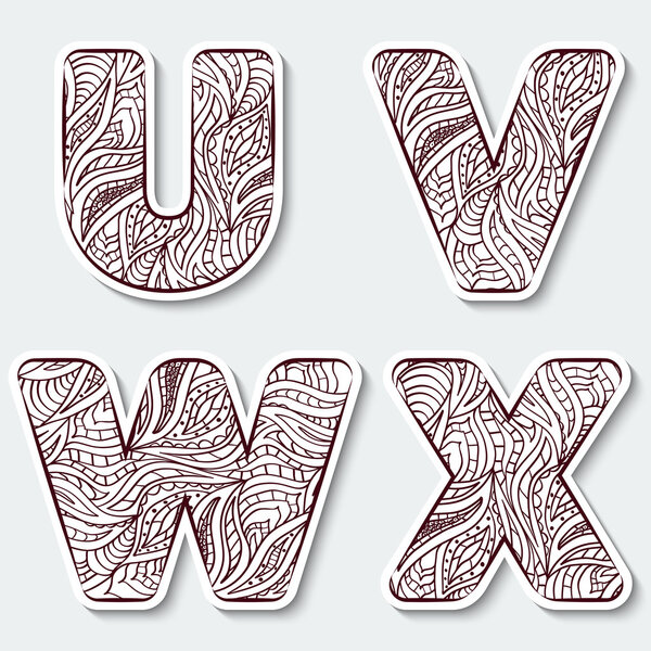 Set of capital letters  U, V, W, X from the alphabet with abstract pattern in tribal Indian style. 