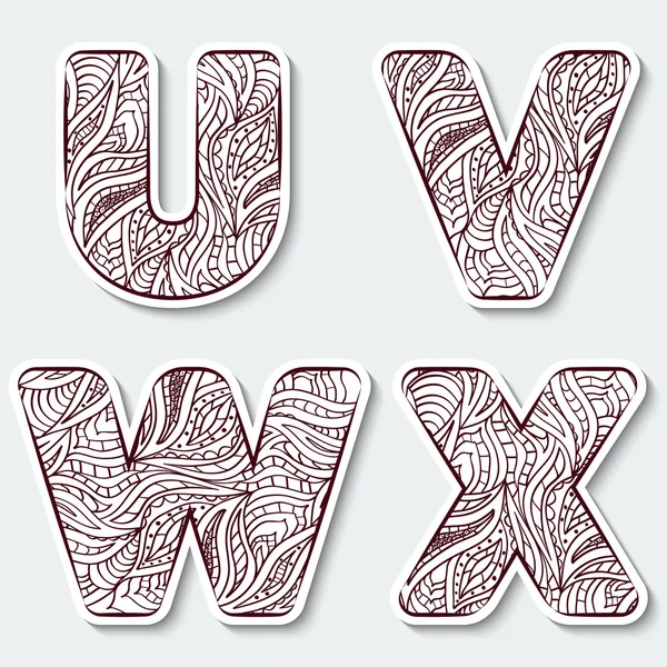 Set of capital letters  U, V, W, X from the alphabet with abstract pattern in tribal Indian style. — Stock Vector