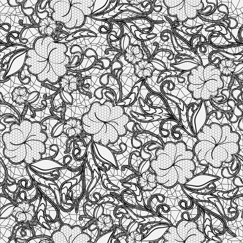 Seamless lace pattern. Black openwork flowers and leaves on a light background.