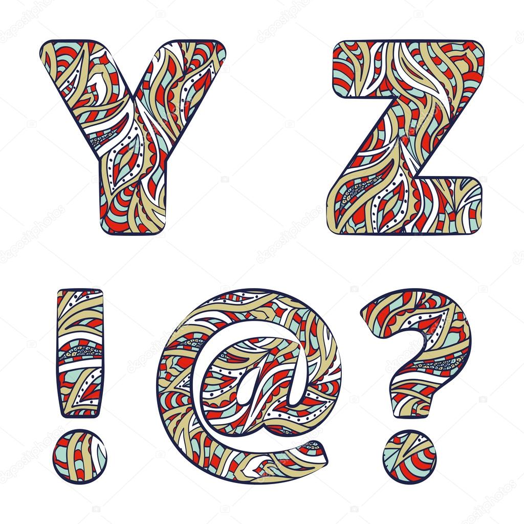 Letters Y, Z, exclamation mark, question mark, at commercial. Set colorful alphabet of doodles patterns.