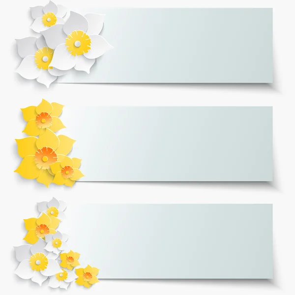 A set of banners with 3d yellow daffodils. Spring floral paper stickers. — Stock Vector