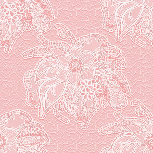 Naadloze witte kant stof op een roze achtergrond. Grote bloemmotief voor ontwerp bruiloft uitnodiging of wenskaart. — Stockvector