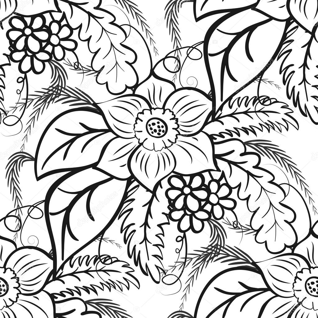 Monochrome floral seamless pattern. Large flowers and leaves on a white background.