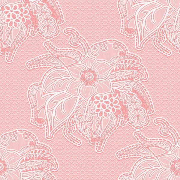 Weißes, nahtloses Spitzenmuster auf rosa Hintergrund. durchbrochener Stoff mit großen Blüten und Blättern. — Stockvektor