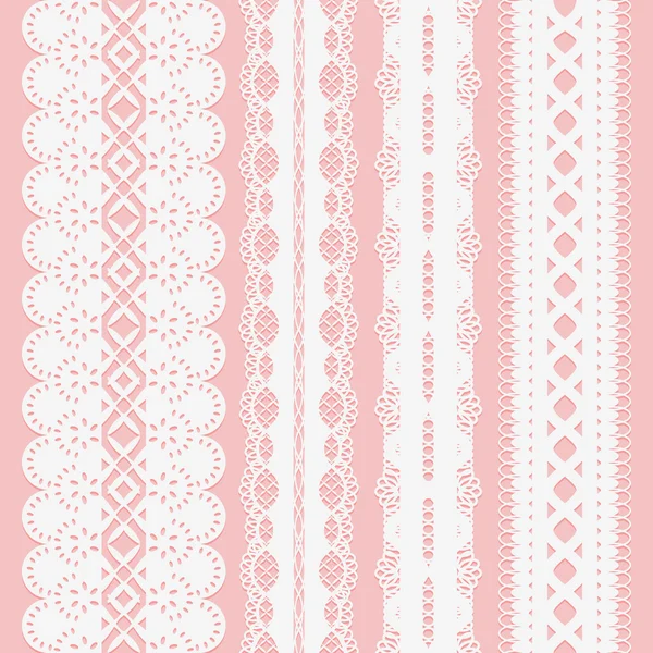 Set of seamless white lace ribbons on a pink background for scrapbooking. — Stock Vector