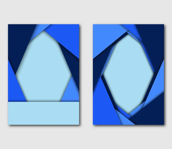 Volantini, brochure, copertine di design astratto. Triangoli di carta blu circonferenziali . — Vettoriale Stock