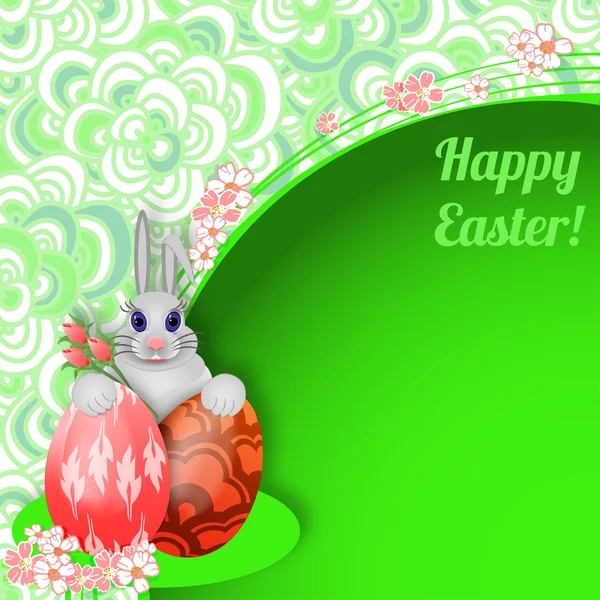 Pasen achtergrond met konijn, Pasen eieren en bloemen. — Stockvector