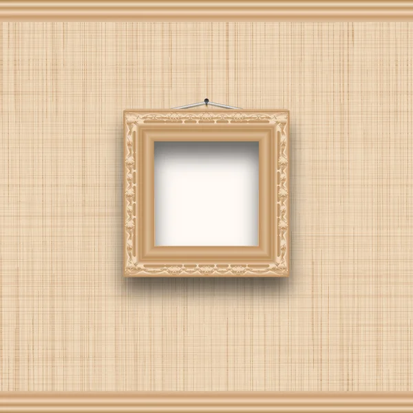 Empty square picture frame on a beige wall with fabric texture. — Stock Vector