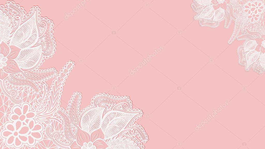 Pink lace background. Template greeting card or invitation with flowers in the corners.