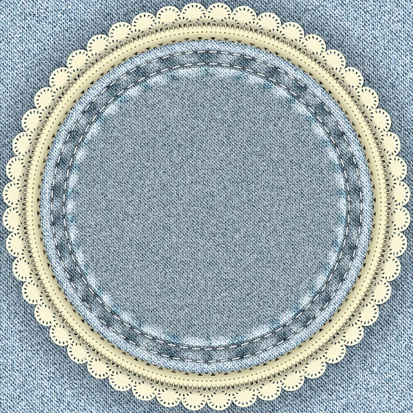 Denim bakgrund med cirkeln och sydda spetsar band. — Stock vektor