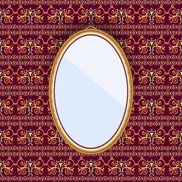 Oval mirror in a frame on the wall with patterned wallpaper. — Stock Vector