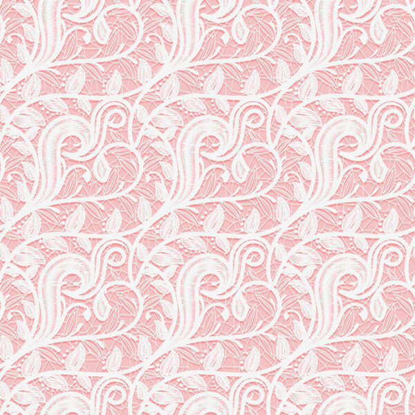 Бесшовная белая кружевная ткань на розовом фоне. Тонкий узор из веток и листьев
.