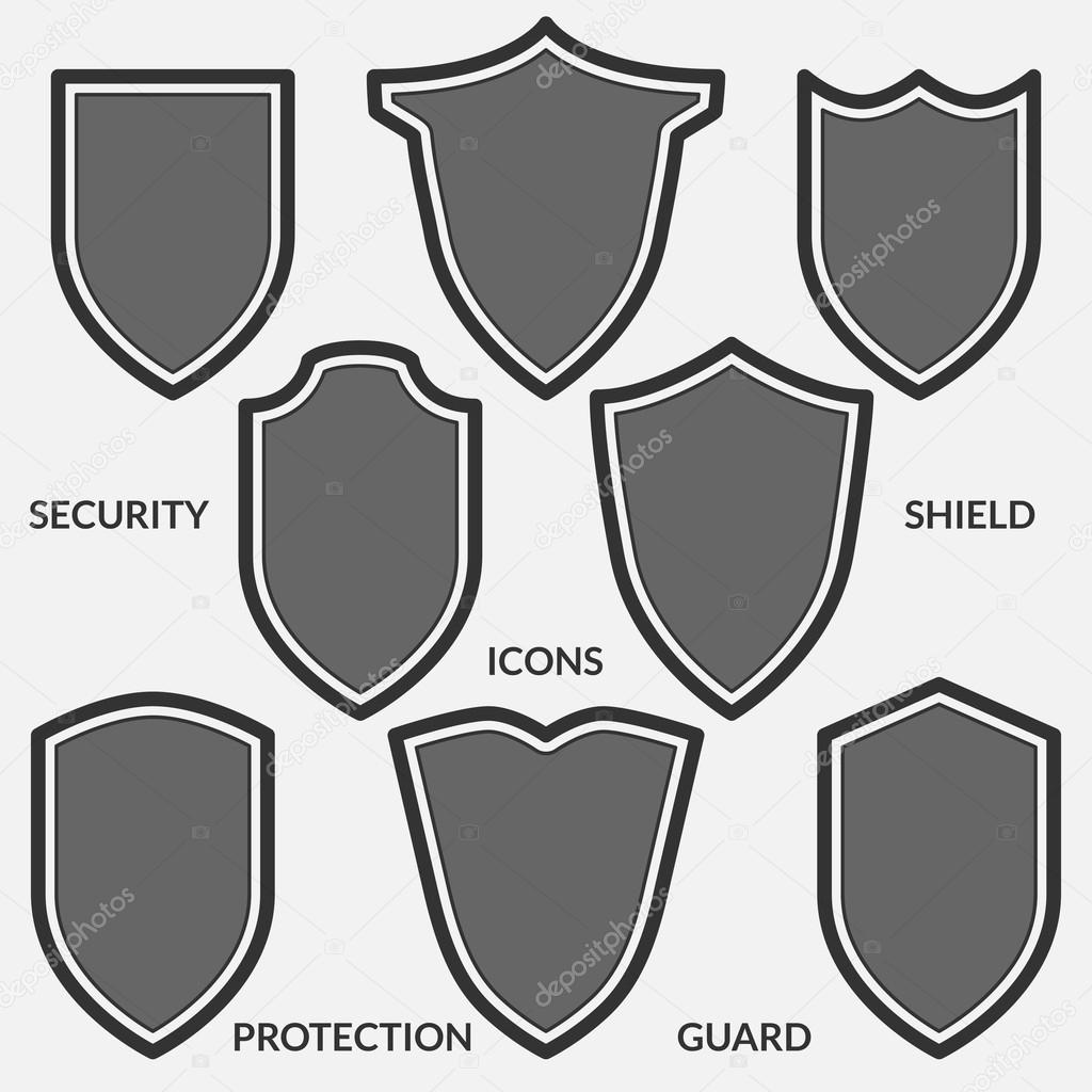 Set of shield icons. Monochrome security signs isolated on white background.