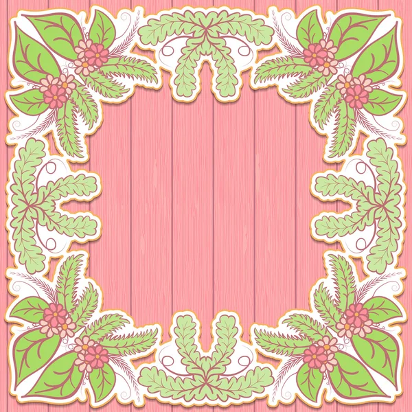 Summer frame with flowers and leaves on a pink background wooden texture. Delicate vintage tone. — Stock Vector