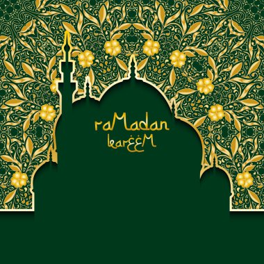 Greeting background to Muslim holiday of Ramadan.  Green background with gold pattern. The inscription Ramadan Kareem.