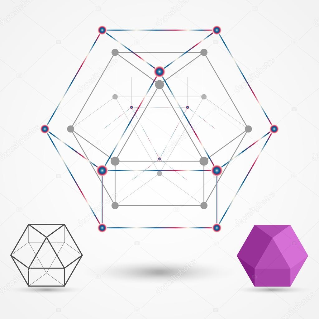 Colored frames of connected lines and dots. Cuboctahedron geometric element. The concept for the theme of science and education. Vector illustration.