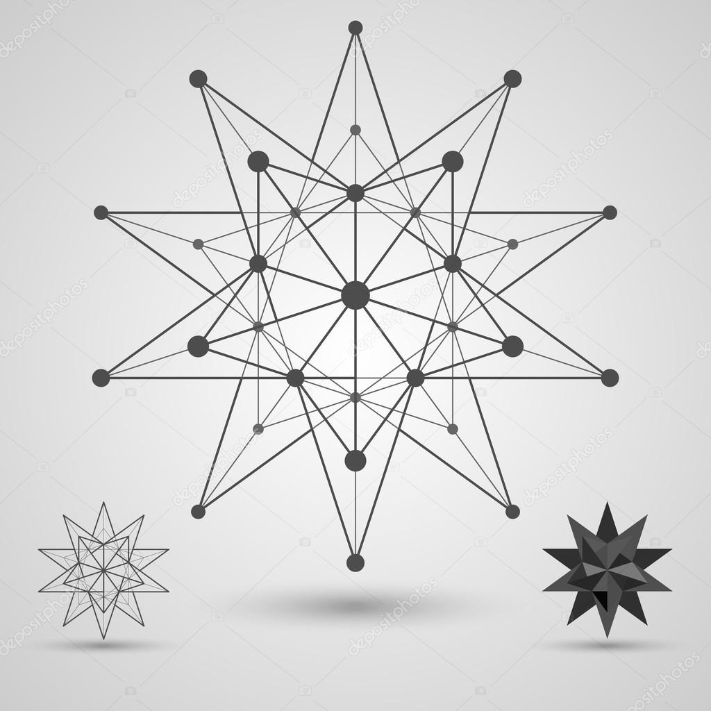 Monochrome skeleton of connected lines and dots. Great stellated dodecahedron stereometric element.