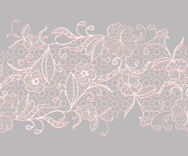 Lace seamless horizontal ribbon. White with pink flowers on a gray background. — Stock Vector