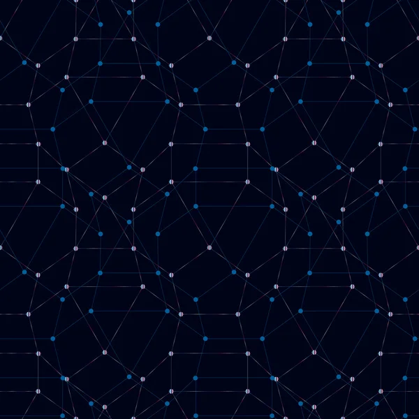 シームレスな多角形パターン。接続された直線と点の抽象的な暗い背景は、技術科学のトピック. — ストックベクタ