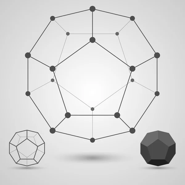 Kerangka monokrom dari garis dan titik-titik yang terhubung. Elemen geometris Dodecahedron . - Stok Vektor