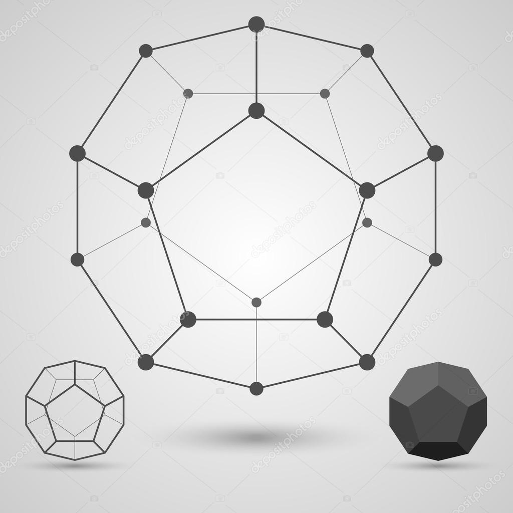 Monochrome  framework of connected lines and dots. Dodecahedron geometric elements.