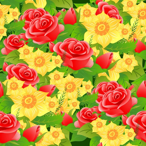 Nahtloser floraler Hintergrund aus Rosen, Narzissen und Blättern. — Stockvektor