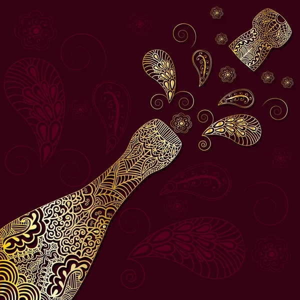 Begroeting achtergrond met goud patroon champagnefles met kurk uitgestoten. Ornament in etnische stijl met de Indiase henna motief. — Stockvector