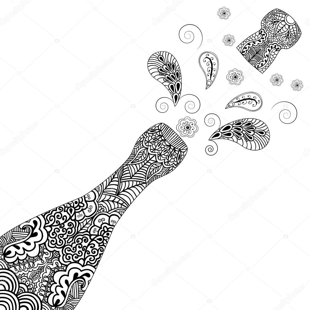 Decorative background patterned champagne bottle with cork emitted. Ornament in ethnic style with the Indian henna motive.