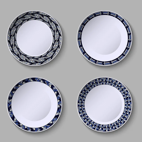 Набор декоративных тарелок с голубым орнаментом ручной работы и пустым пространством в центре . — стоковый вектор