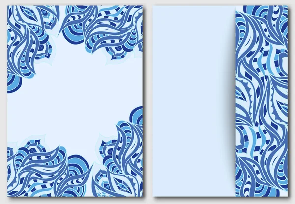 Set of template with waves element for design invitations and greeting cards. Abstract doodle in blue. Indian motif painting. — Stock Vector