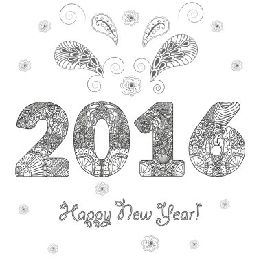 Mutlu yeni yıl 2016 tebrik arka plan ile rakamlar doodle elemanları ile desenli.