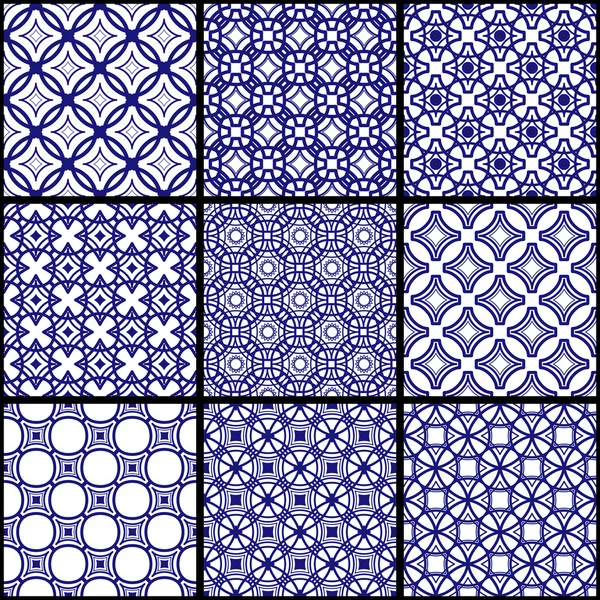 Eine Reihe blauer nahtloser geometrischer Muster. — Stockvektor