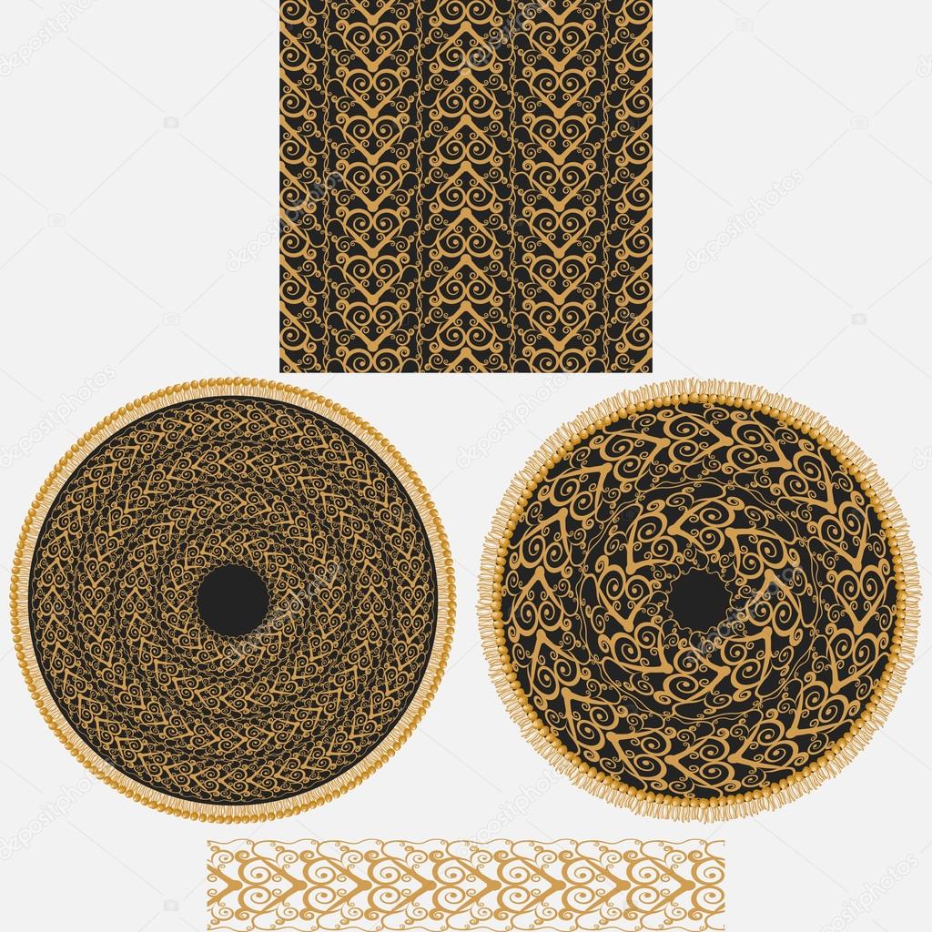 A set ornaments in oriental style.It includes seamless square pattern, two circular mandala and patterned brush.