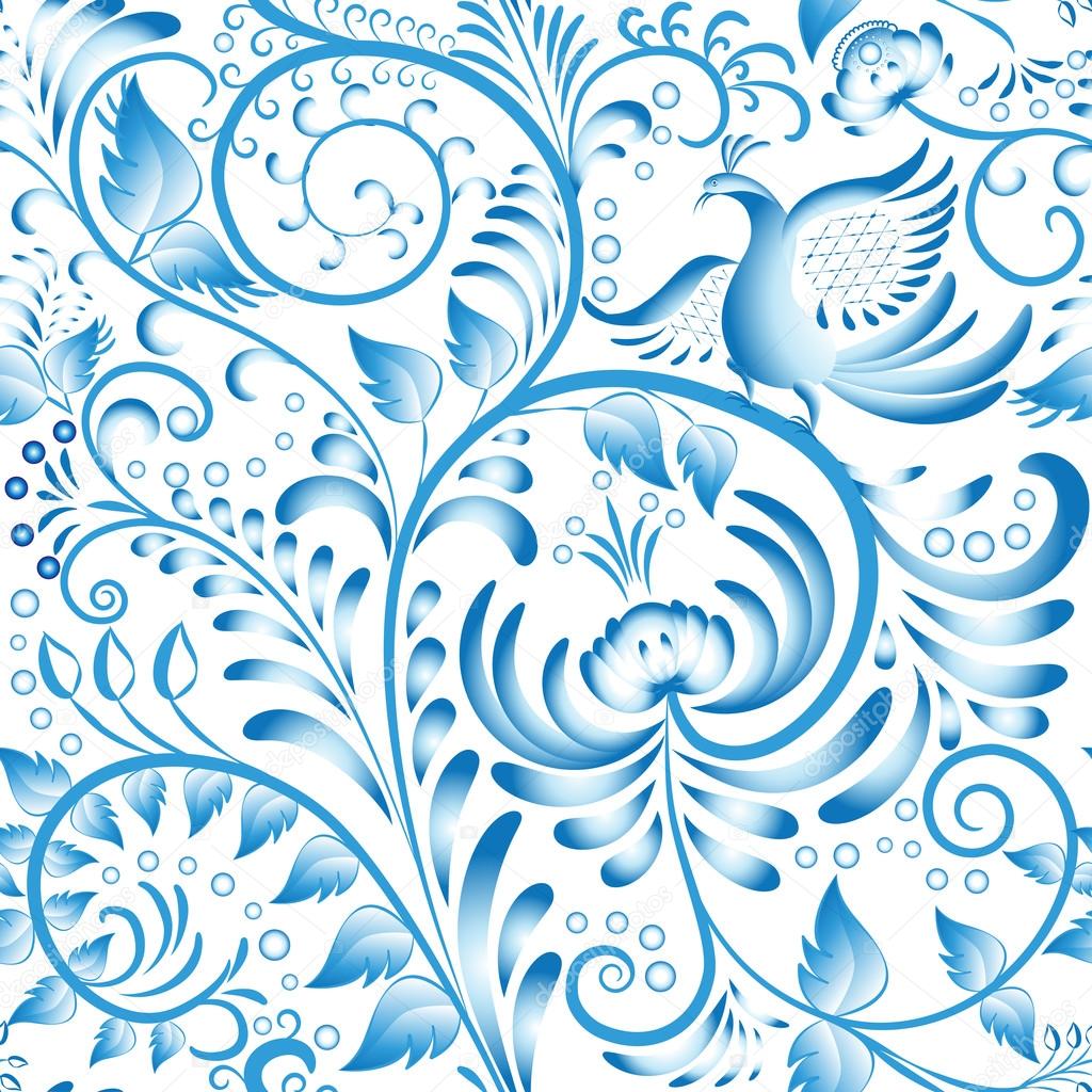 Seamless floral pattern. Blue painted in gzhel style with flowers and birds. Stylization Chinese porcelain ornament.