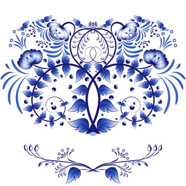 Tasarım davetiyesi veya kart stili Gzhel unsurları. Mavi çiçekler ve yapraklar üzerinde beyaz bir arka plan izole desen.