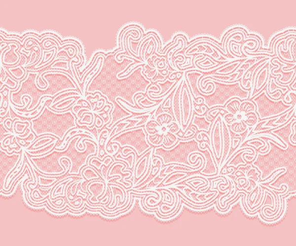 Patrón de encaje sin costuras blanco sobre un fondo rosa. Cinta de encaje horizontal para el diseño . — Archivo Imágenes Vectoriales