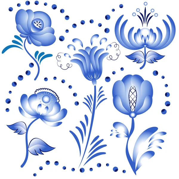 Set of blue floral elements for design in the style of Gzhel. — Stock Vector